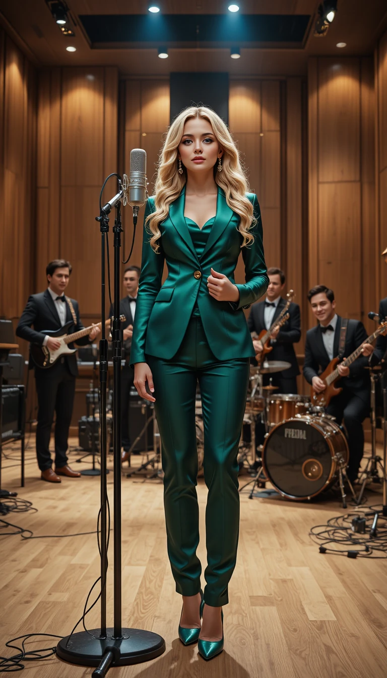 Cantante sicura di sé in tailleur color smeraldo a un microfono da studio vintage