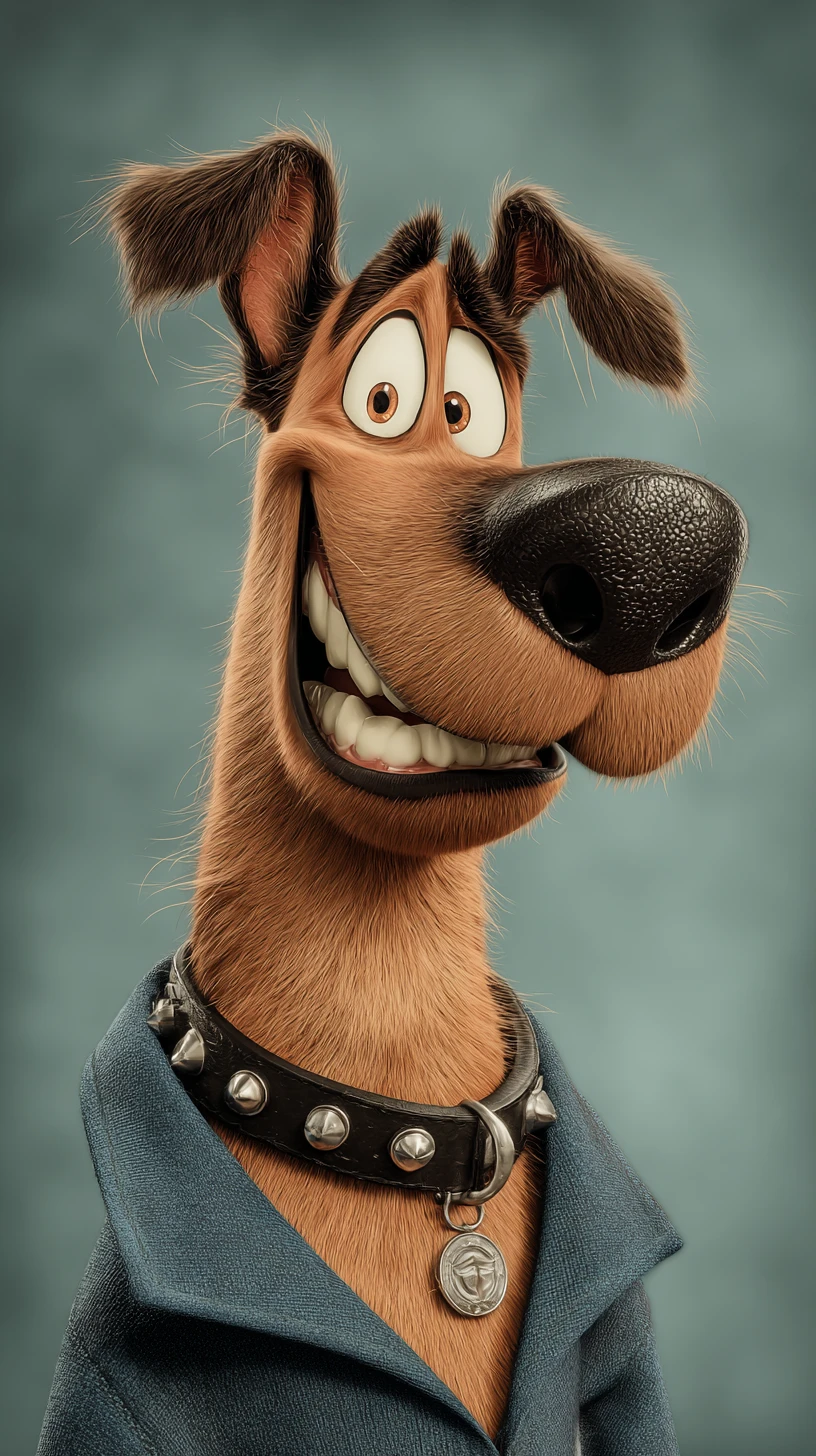 Chien anthropomorphe joueur souriant en animation 3D en gros plan