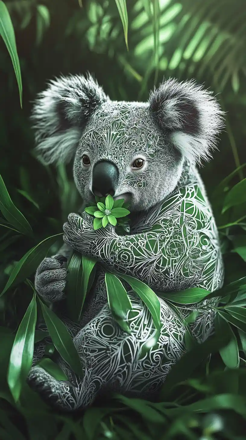 Hyperrealistic koala with patterned fur among green jungle palms