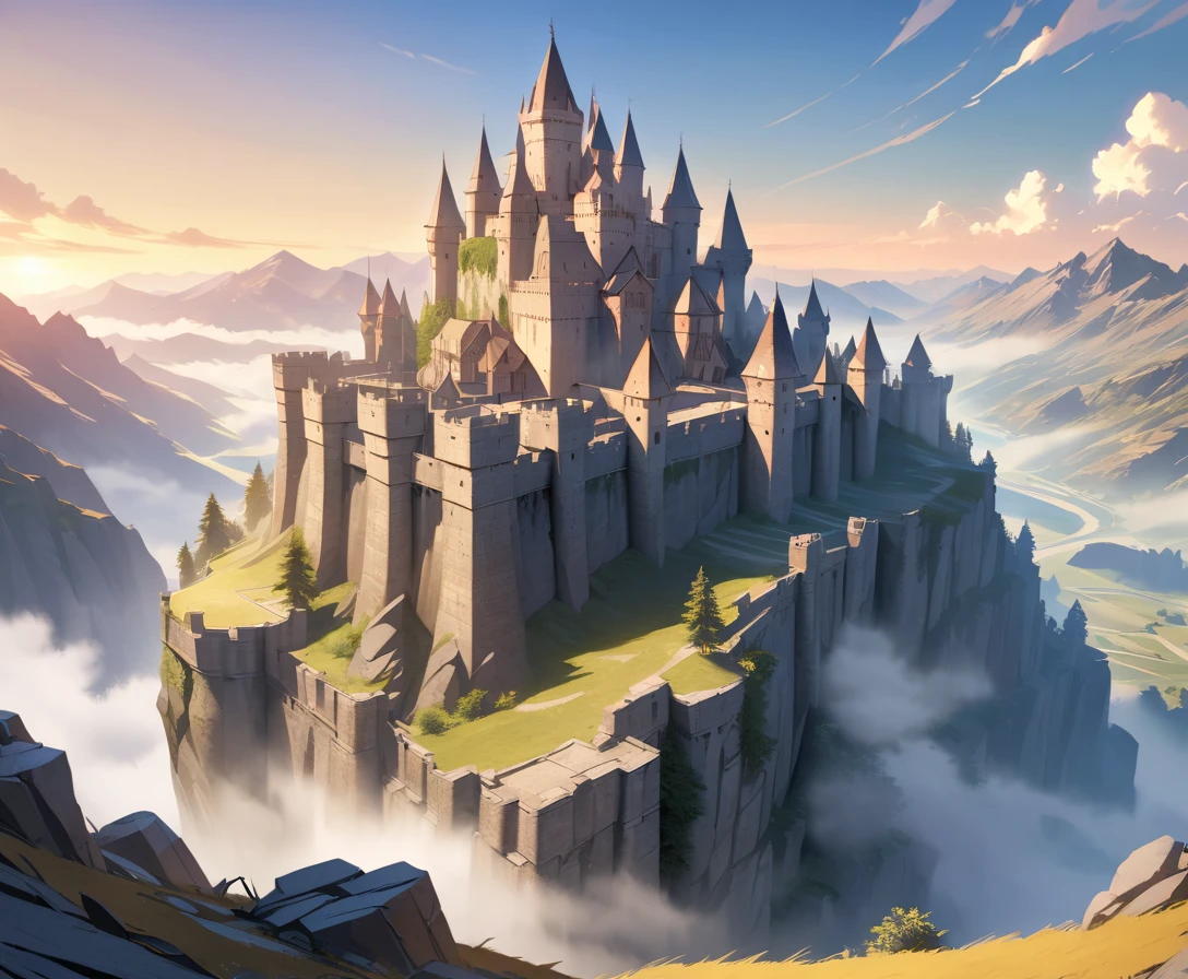 Castelo medieval de pedra no topo da montanha ao nascer do sol