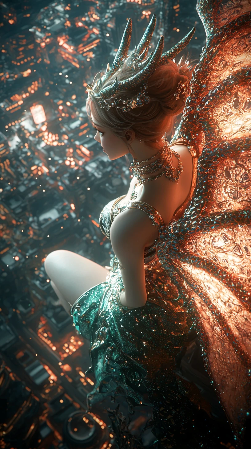 Drache über einer futuristischen Cyberpunk-Fantasiestadt