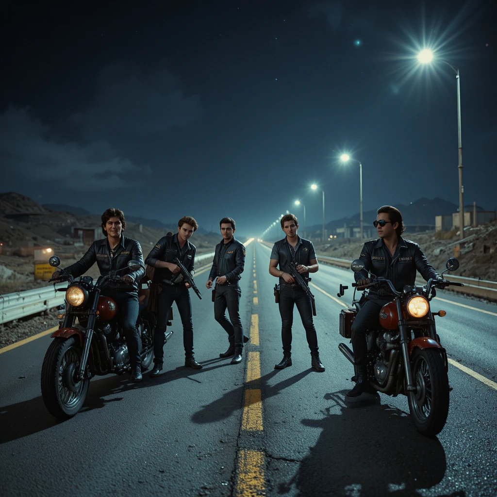 Gangue de motoqueiros em rodovia noturna se preparando para a batalha