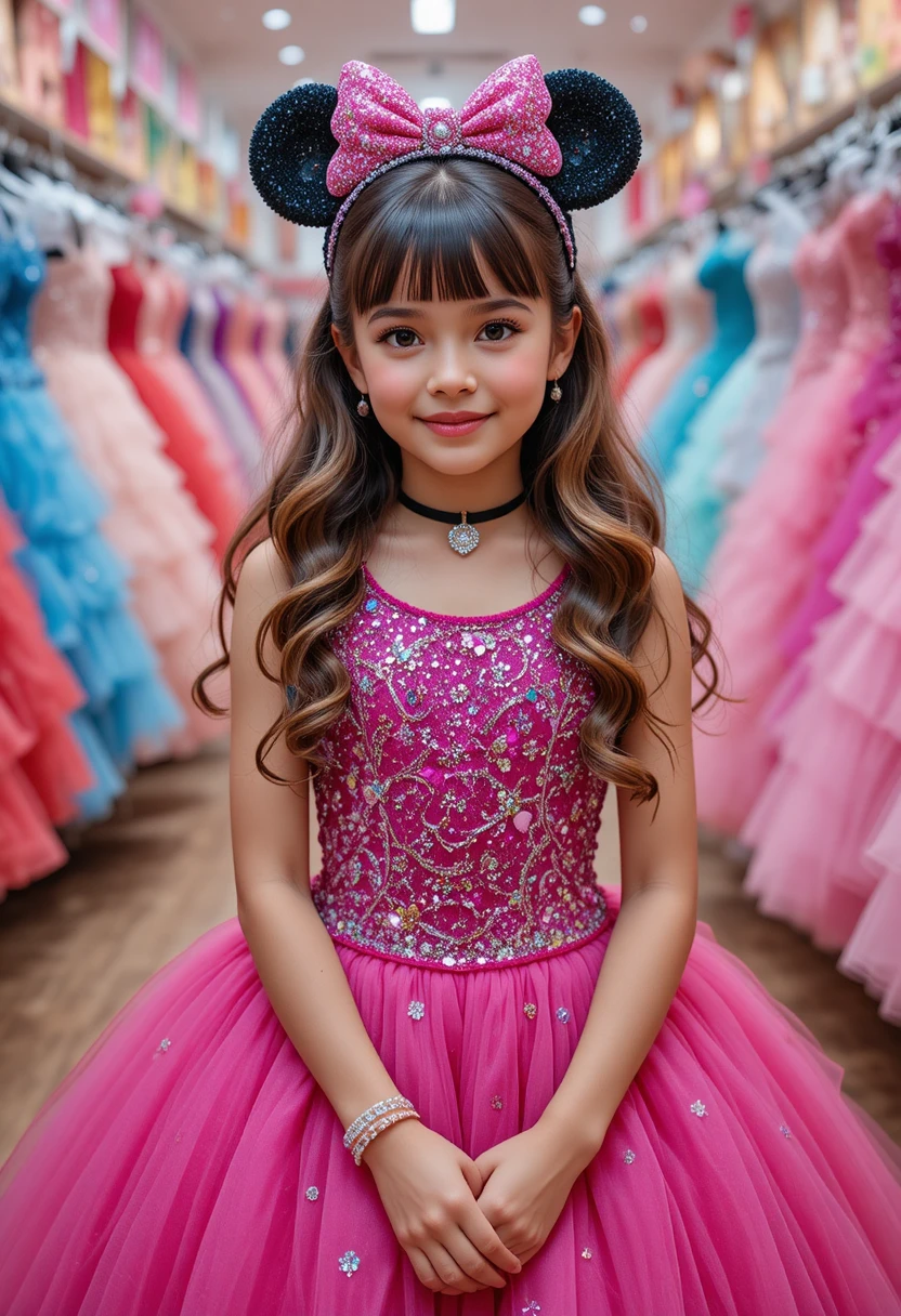 Menina com vestido rosa da Minnie em boutique