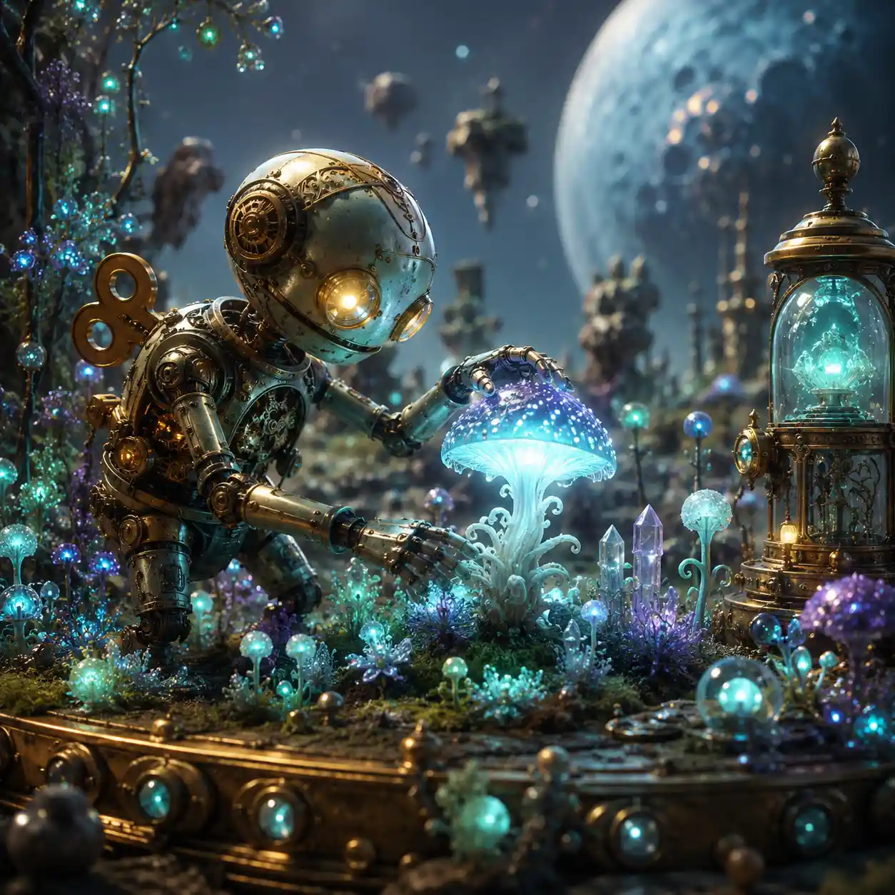 Clockwork automaton tending a glowing alien moon garden
