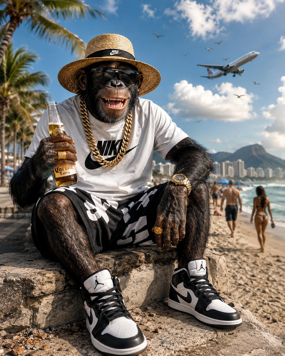 Cheerful chimpanzee relaxing in beachwear by the sea