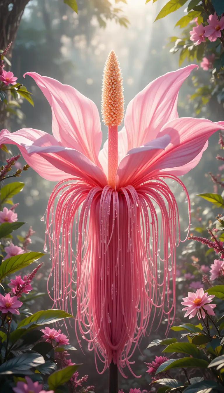 Flor de morcego tropical rosa com gotículas de orvalho ao sol