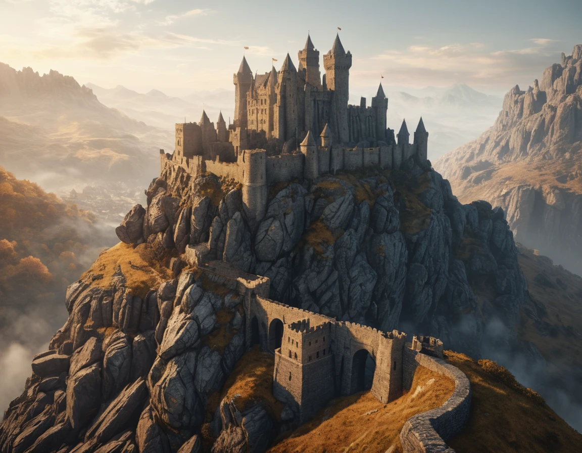 Castelo de pedra medieval no topo da montanha ao nascer do sol