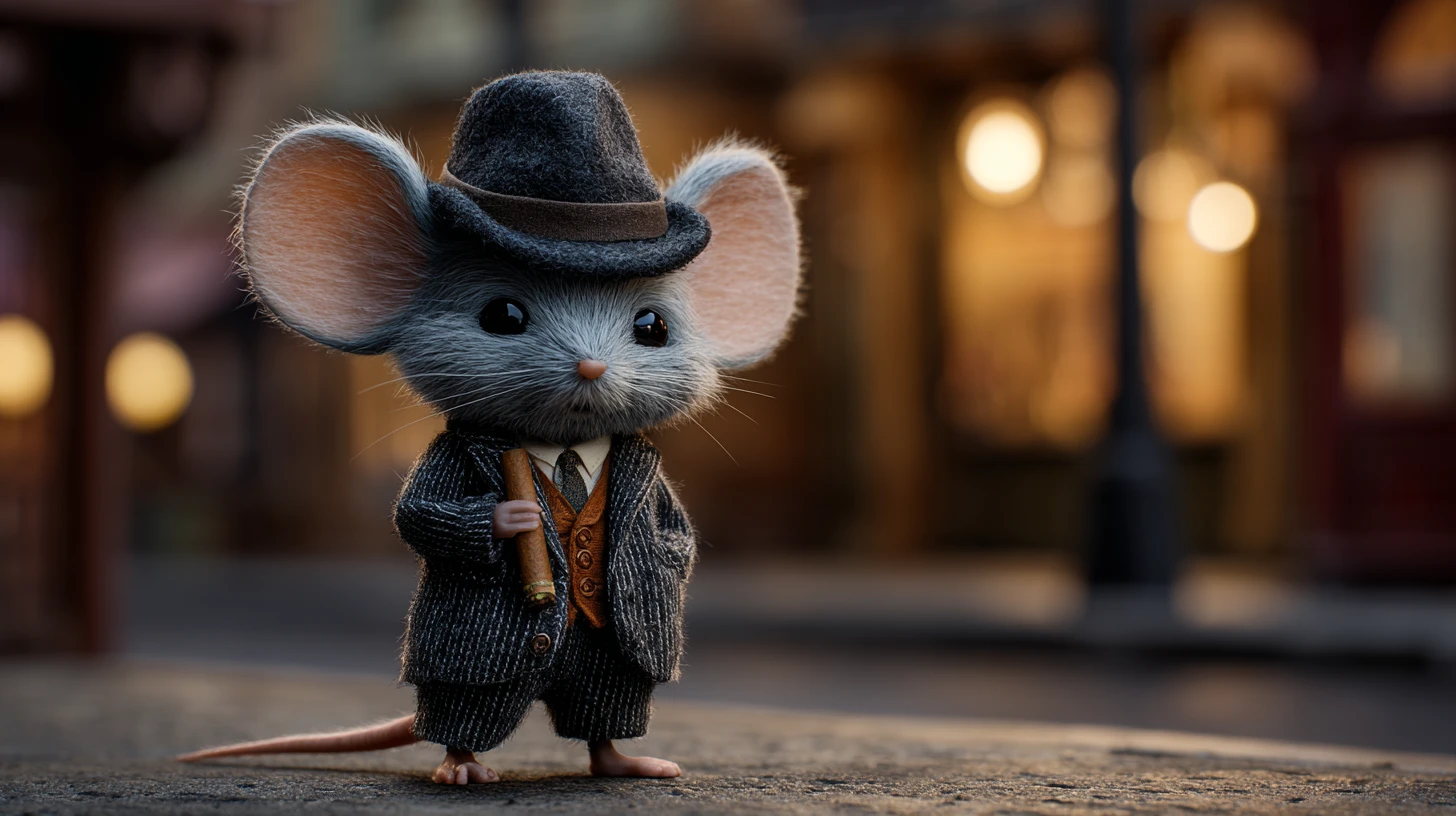 Minuscule souris mafieuse en costume dans une rue de ville vintage