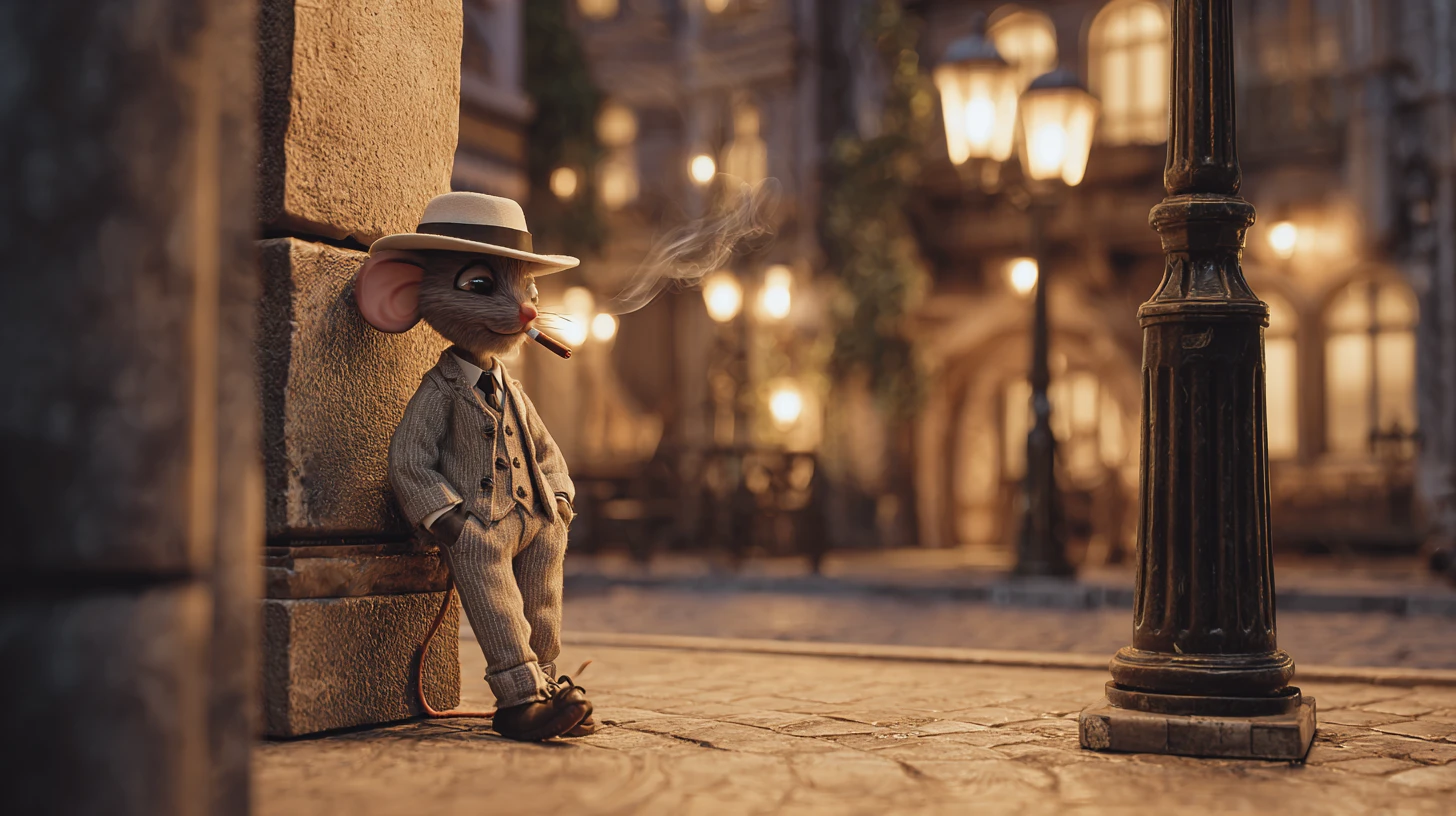 Rato mafioso elegante encostado em um poste de luz ao entardecer