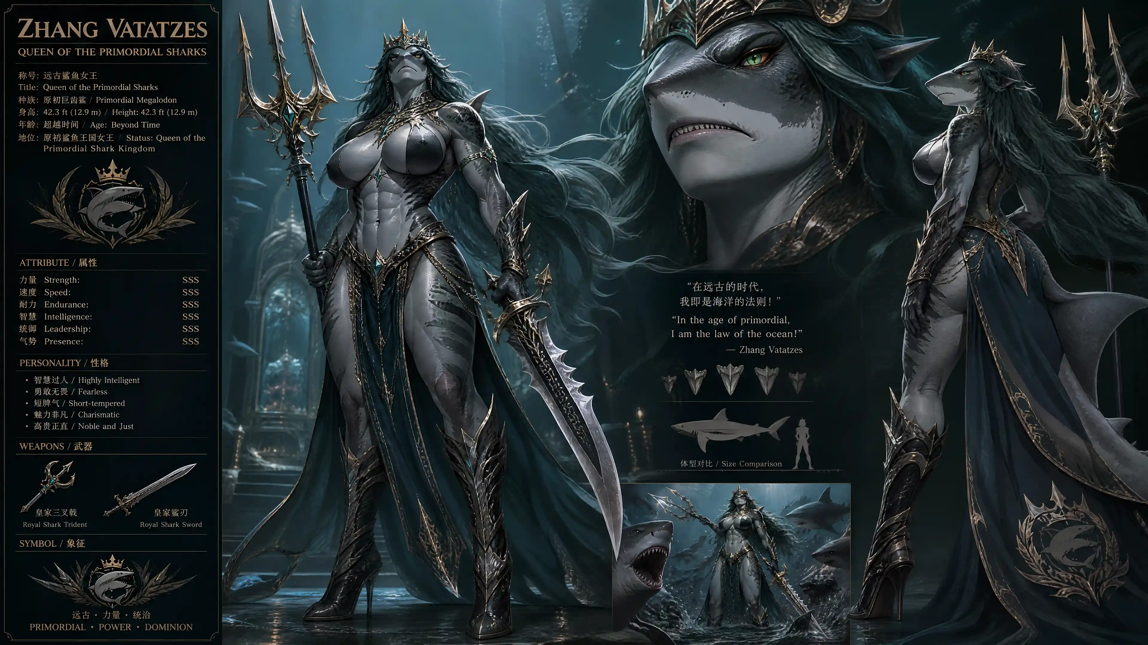 Regal primordial shark queen with trident and sword