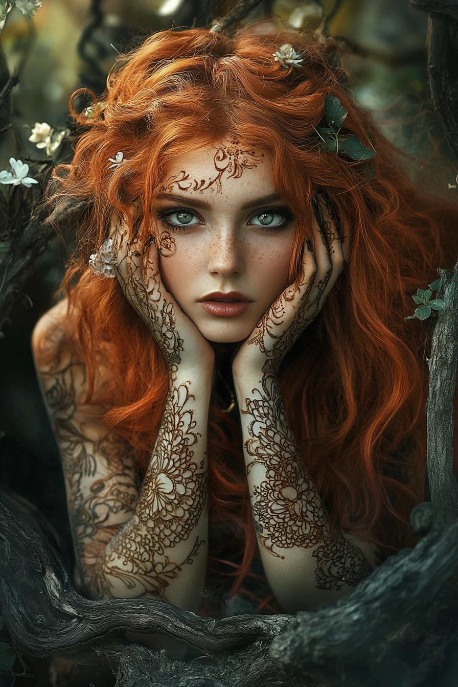 Mulher mística com tatuagens de hena em uma floresta encantada