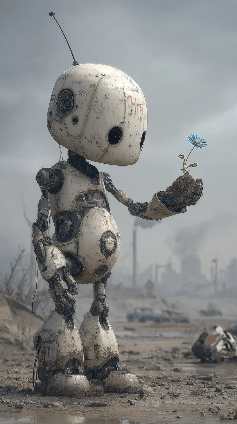 Robô segurando flor azul em deserto apocalíptico