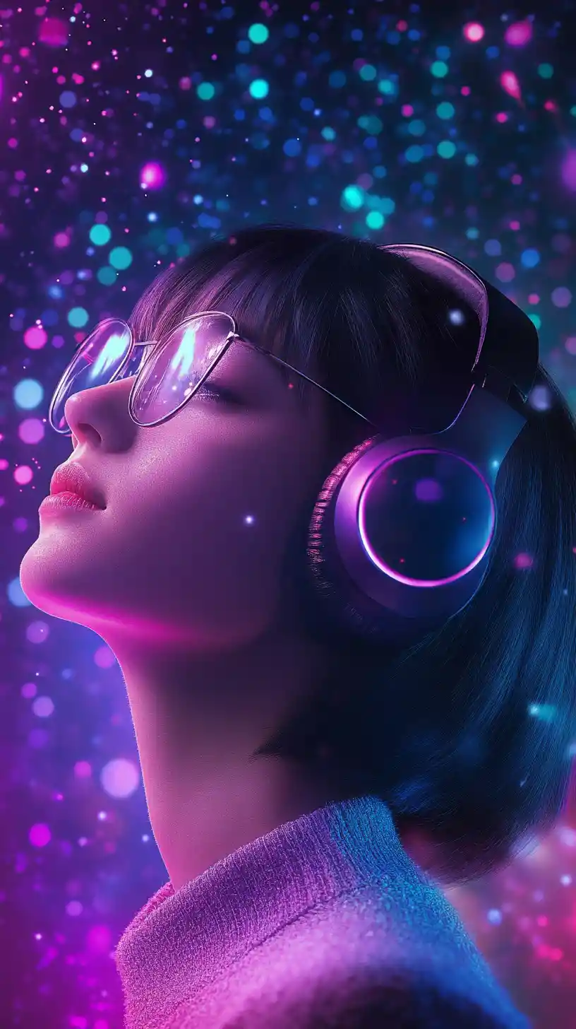 Fille au casque néon regardant vers le haut dans une lumière digitale