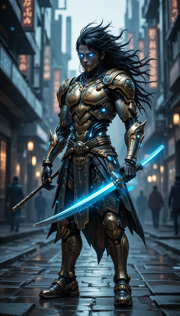 Samurai ciborgue com katana brilhante em rua de cidade futurista