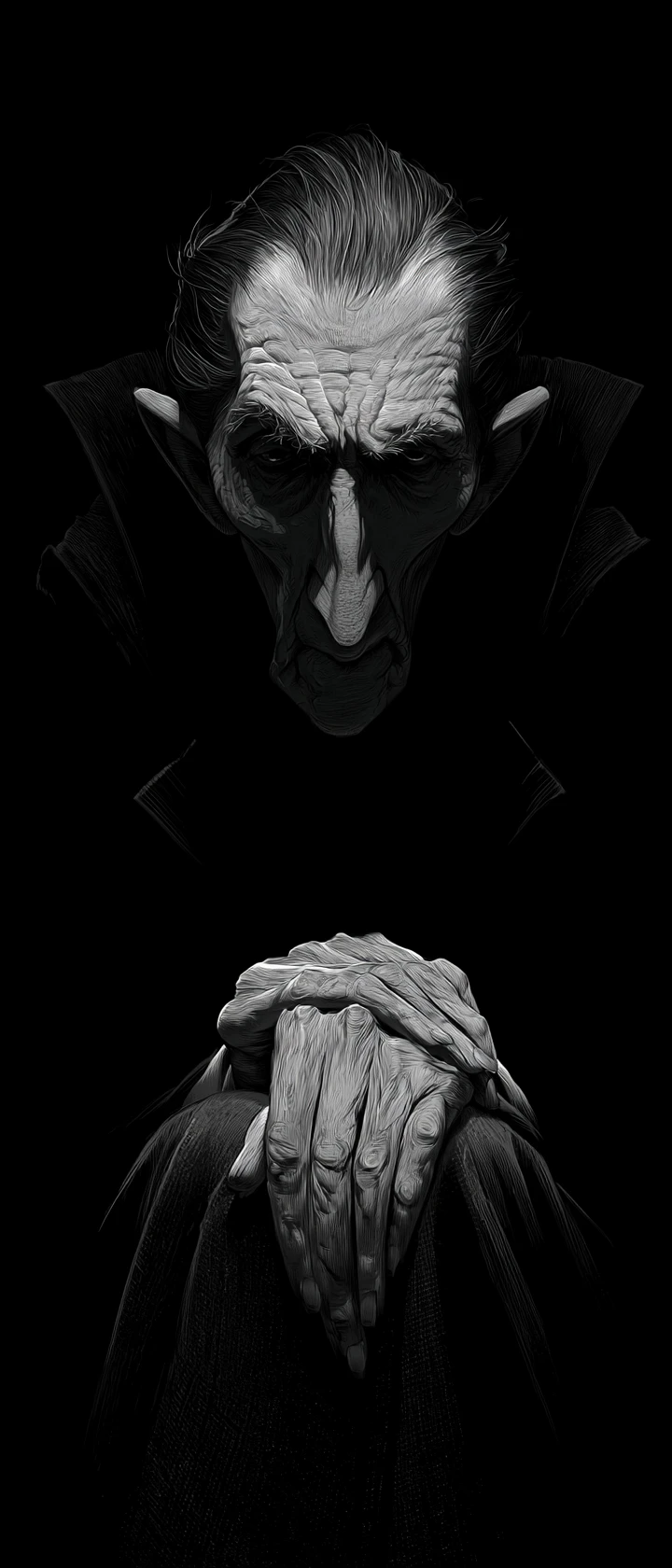 Retrato de vampiro exausto com rosto sombreado e mãos castigadas