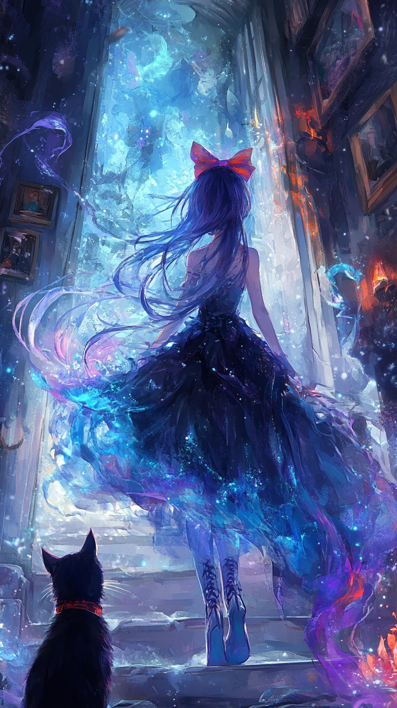 穿著燒焦雪花長裙的動漫少女在老房子樓梯上