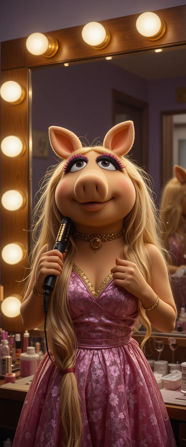 Porquinha diva de desenho cantando em um camarim iluminado