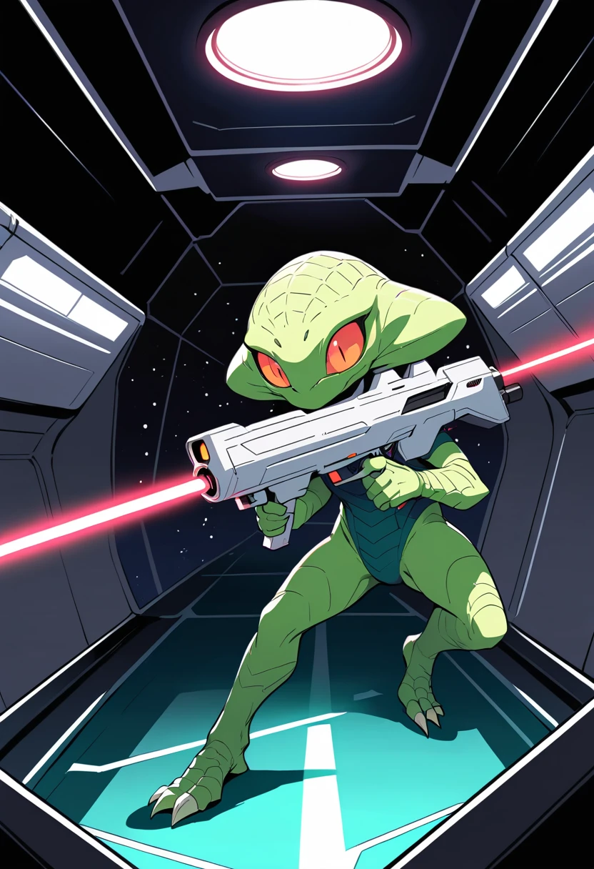 Alienígena réptil em estilo mangá disparando arma a laser em hangar de nave espacial
