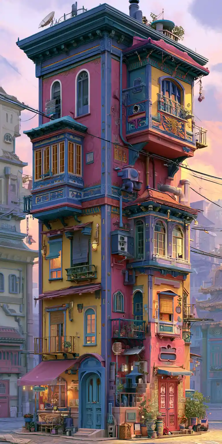 Illustrazione colorata di edifici urbani con profondità della città a livelli