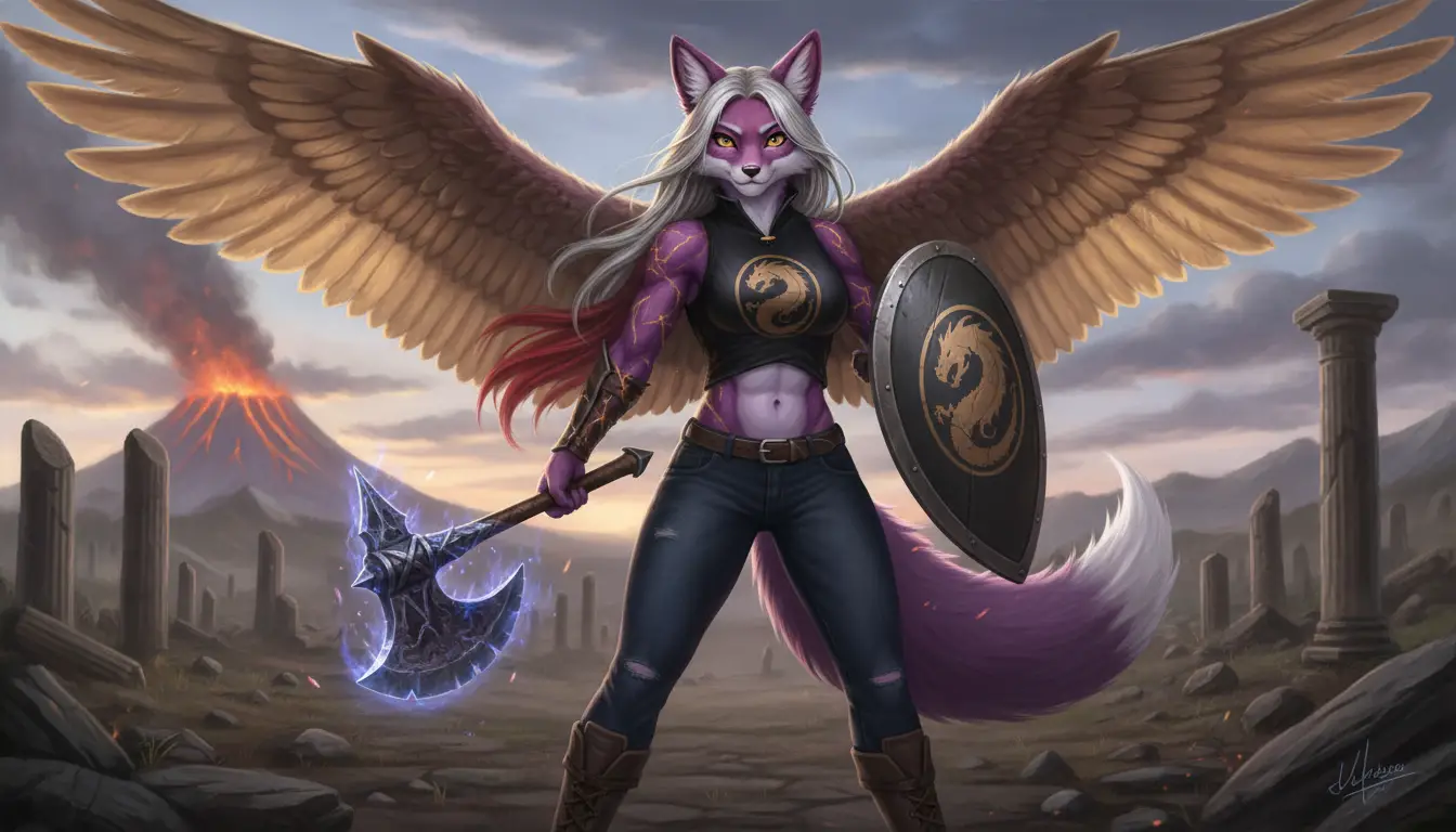 Anthro fox warrior with dragon essence and meteorite axe