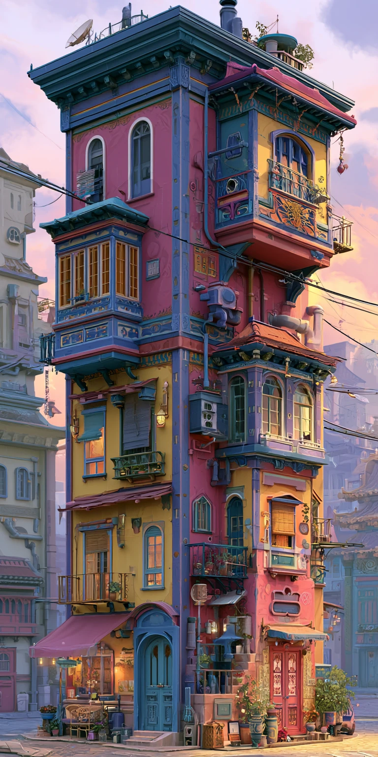 Colorful urban building illustration with layered cityscape depth