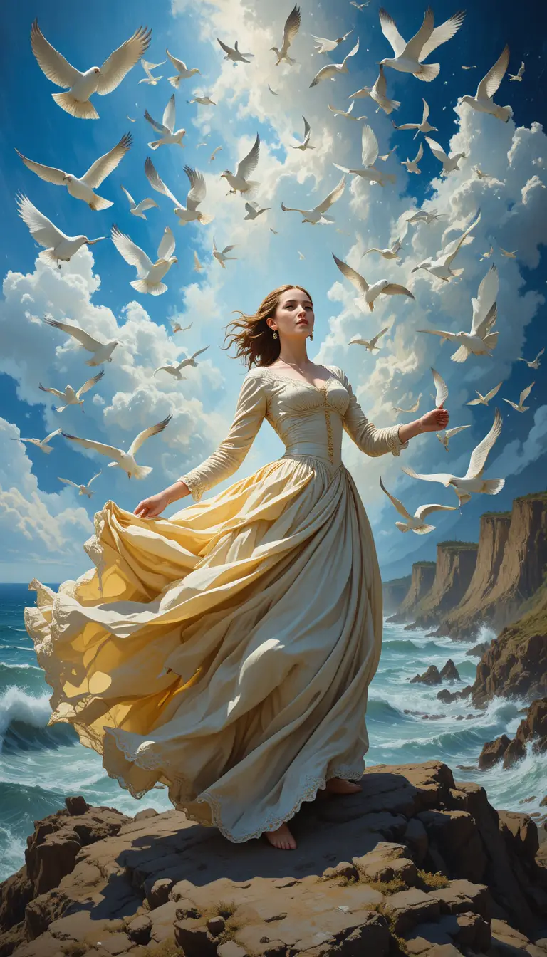 Young woman on windy cliff with flowing fabric