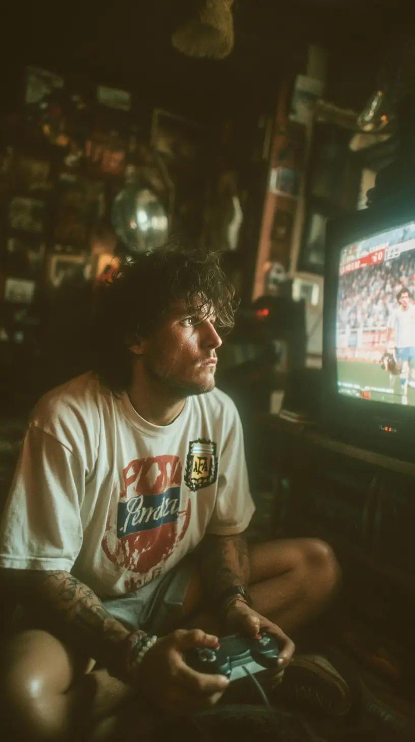 Mann spielt Konsolenspiel auf CRT-Fernseher im Schlafzimmer