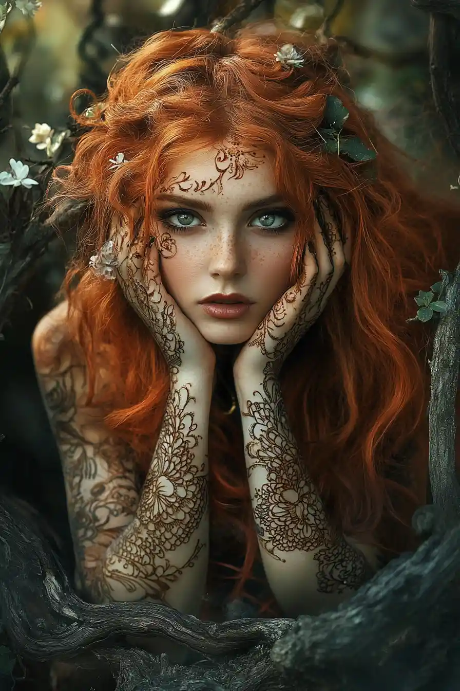 Donna mistica con tatuaggi all’henné in una foresta incantata