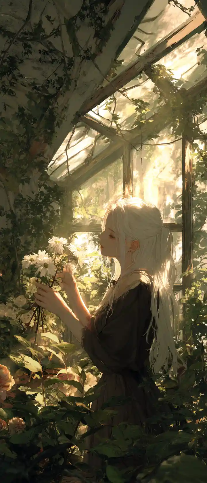 Sad anime woman in overgrown greenhouse with god rays