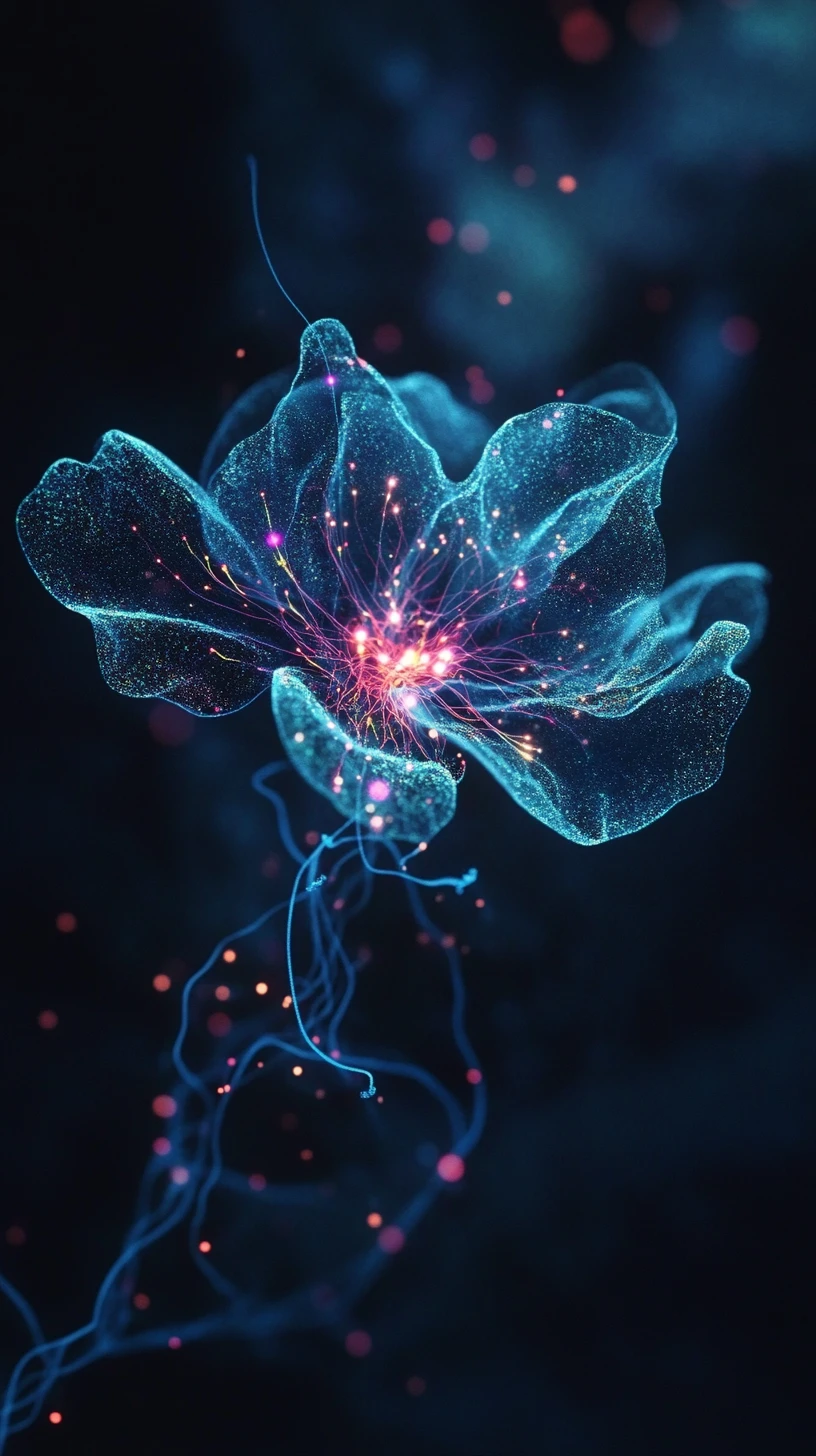 Fleurs de données lumineuses formant un réseau organique rayonnant