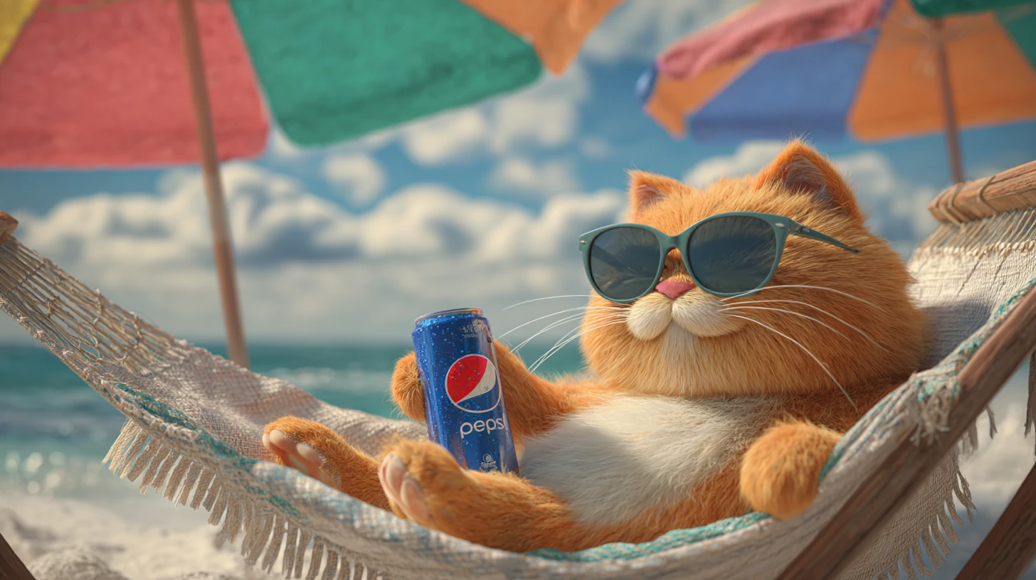 Gato laranja 3D relaxado em uma rede de praia
