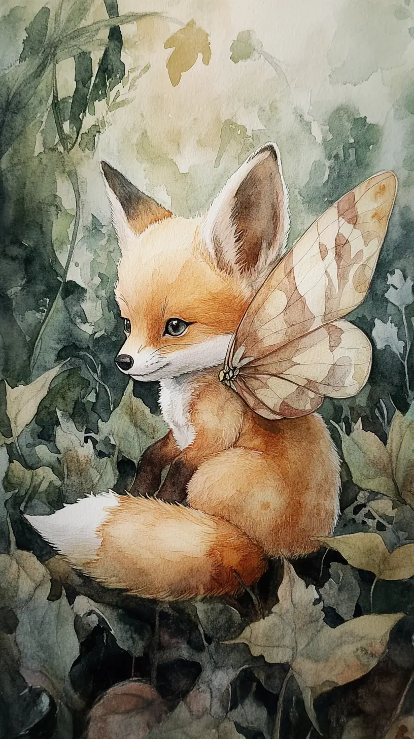 Baby fox butterfly hybrid in soft watercolor leaves