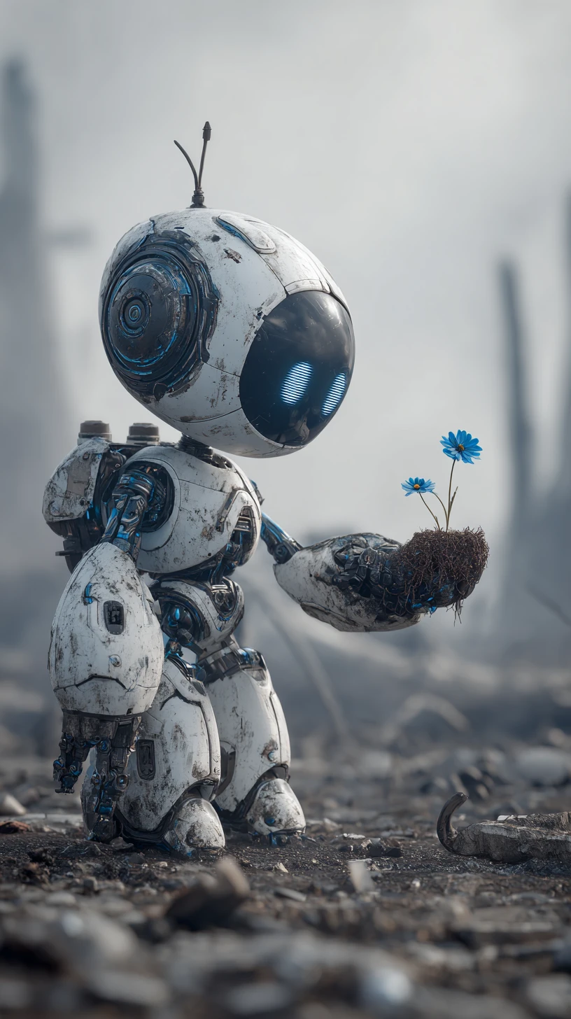 Robô segurando uma flor azul em um deserto devastado