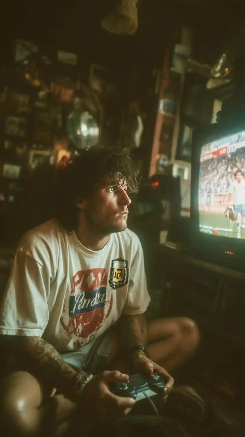 Mann spielt Konsolenspiel auf CRT-Fernseher im Schlafzimmer