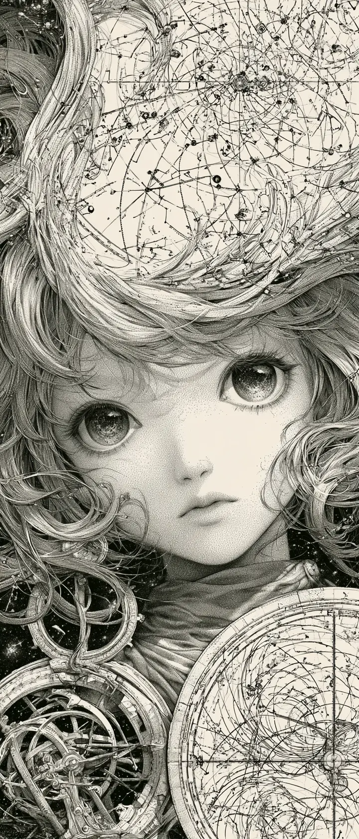 擁有星空秀髮的動漫女孩與天文風格墨線插畫