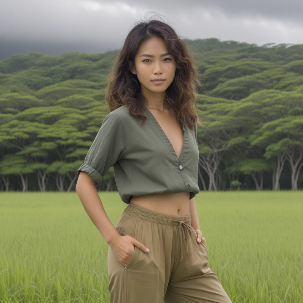 Young Okinawan woman standing in a quiet open field