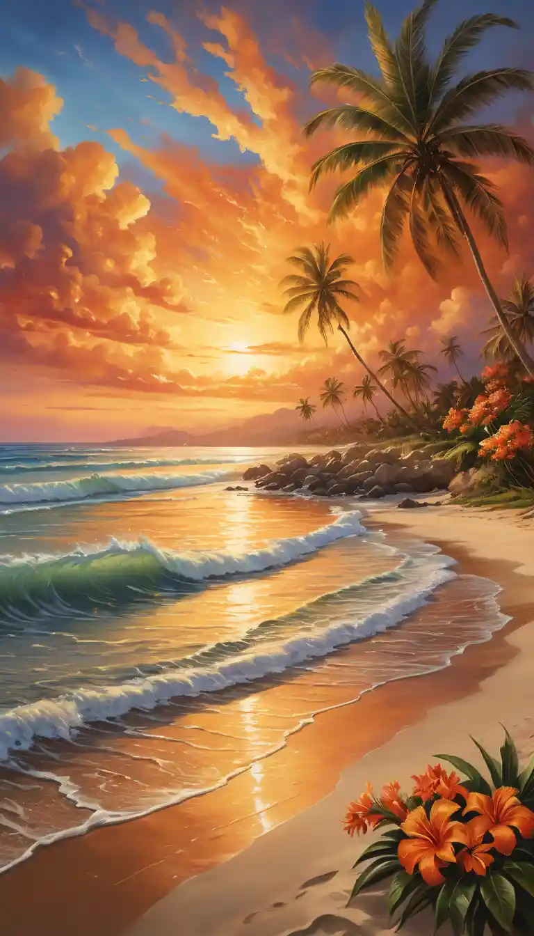 Spiaggia tropicale vibrante al tramonto con onde luminose