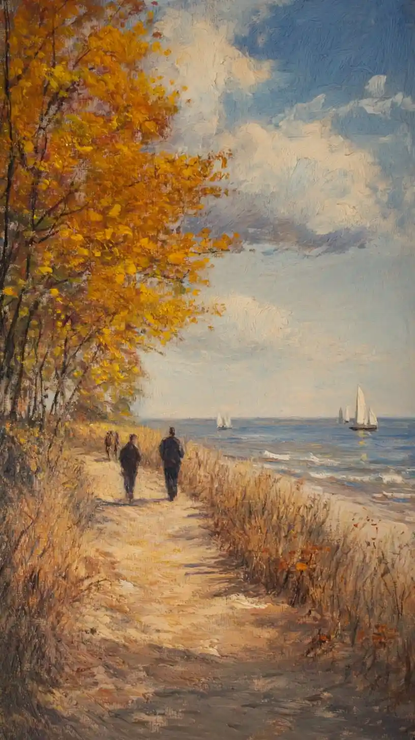 Impressionist coastal path and beach scene at sunset