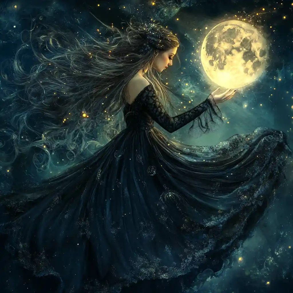 Mystic shaman woman with glowing Celtic runes at moonlight