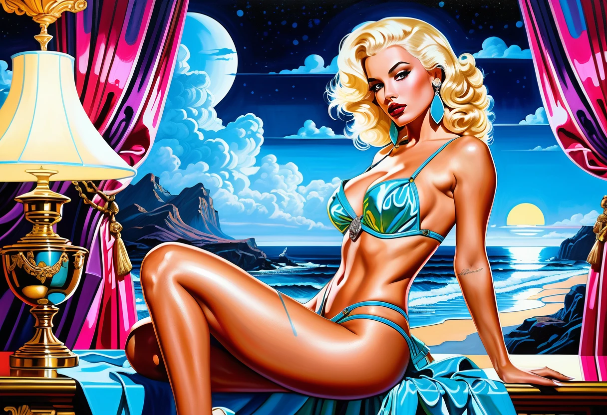 Donna fashion illuminata al neon in pittura digitale ispirata al barocco