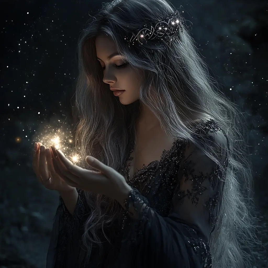 Mystical shaman woman with glowing runes in moonlight