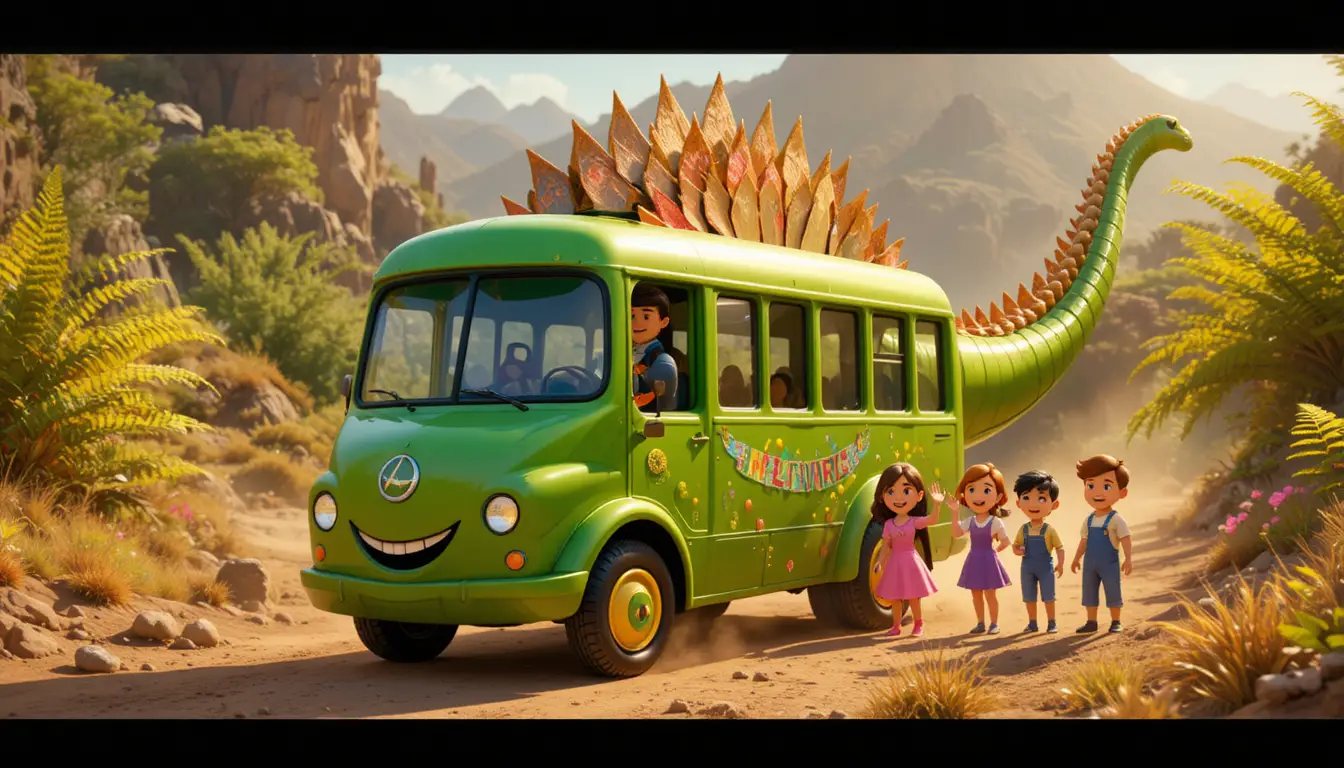 Bus dinosaure vert et enfants sur une route préhistorique ensoleillée