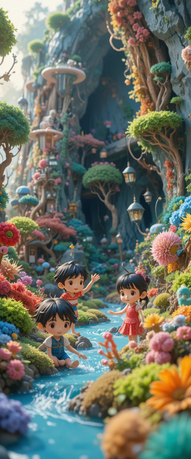 Dolci bambini 3D che esplorano un colorato mondo fantastico