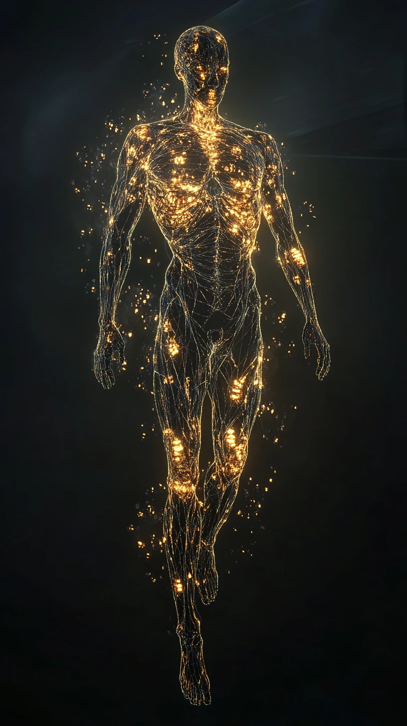 Fragmentos de corpo de criatura surreal brilhando no vazio escuro