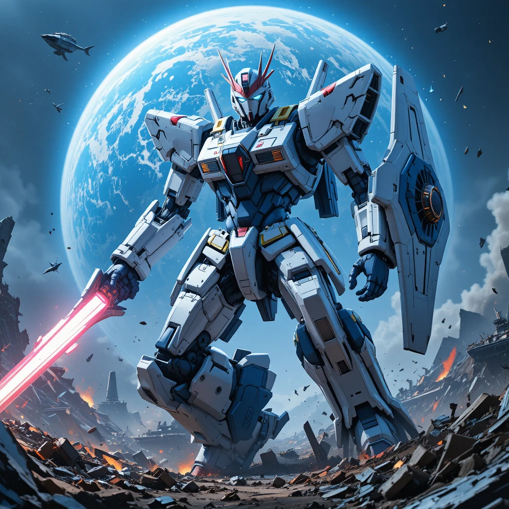 Mecha branco heroico se erguendo em campo de batalha espacial arruinado