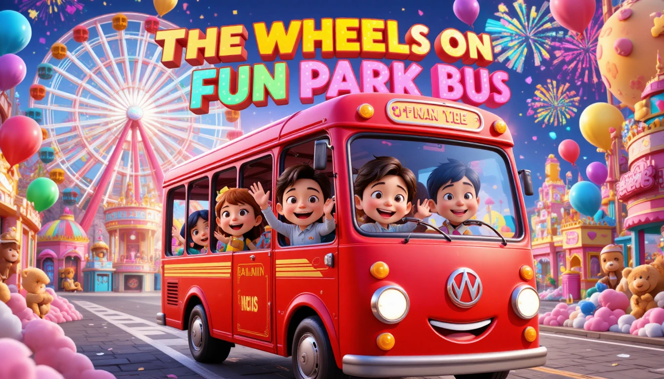Ônibus do parque de diversões sorridente com crianças em um parque colorido