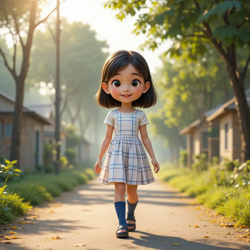 晴れた村道を歩く若い女の子