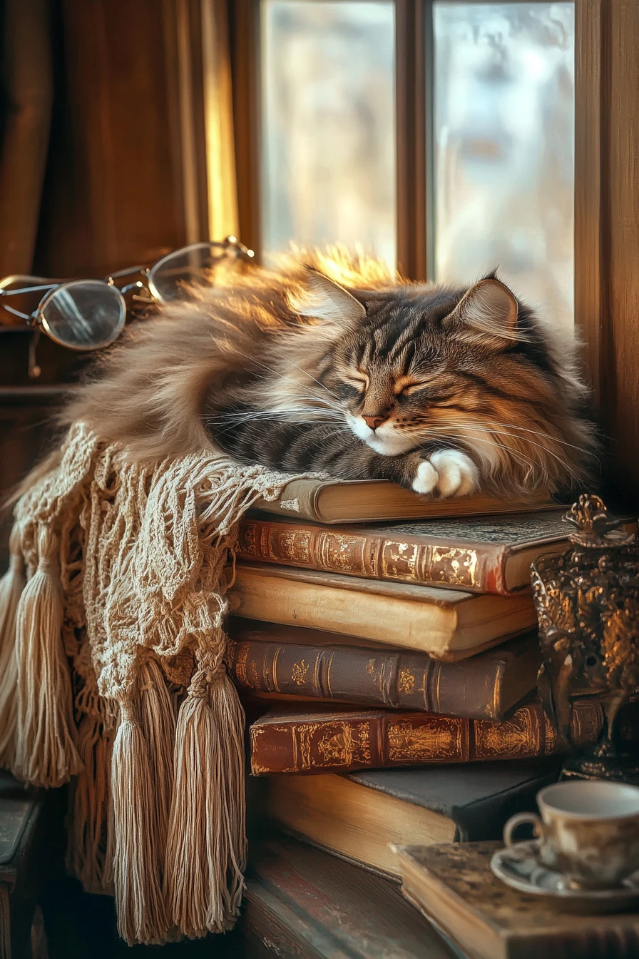 Gato dormindo sobre livros vintage perto de uma janela suavemente iluminada