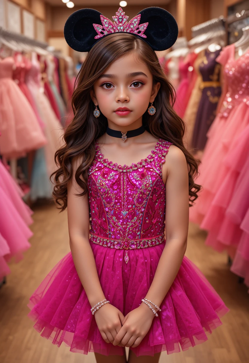 Menina jovem com vestido Minnie rosa choque em boutique
