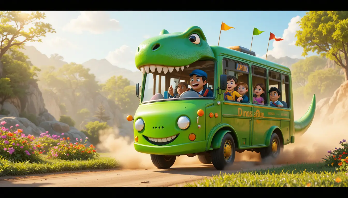 T-Rex amical éternuant à côté d’un bus vert et ludique